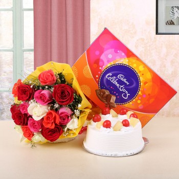 Mix Roses Bunch & Cake With Celebrations